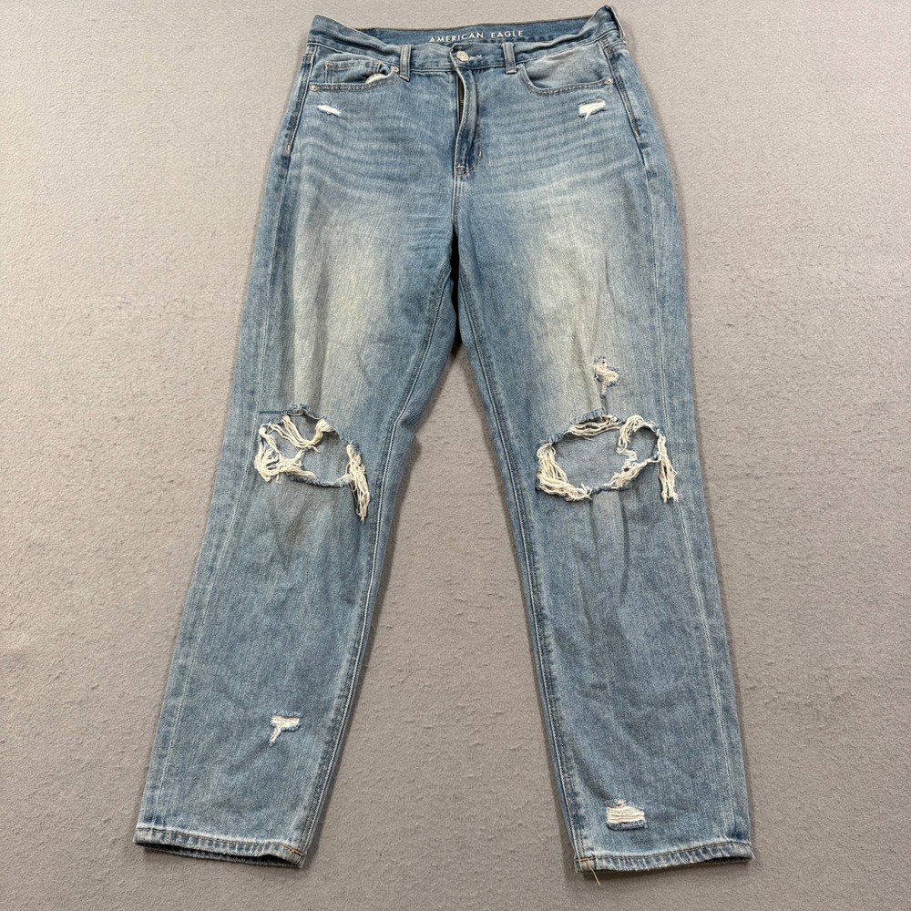 American Eagle Mom Jeans Women's 8 Blue Light Wash Straight High Rise Distressed